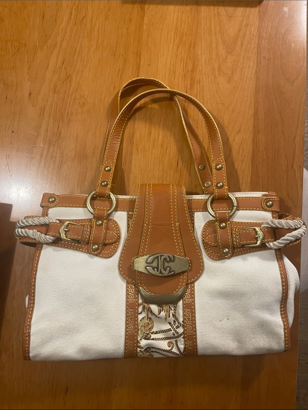 Just Cavalli White Canvas and Tan Leather Shoulder Bag with Rope Accents